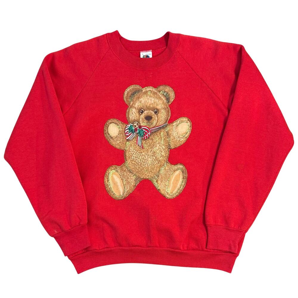 VTG 90s Christmas Sweatshirt Teddy Bear Grandmacore USA Made Red Unisex Large